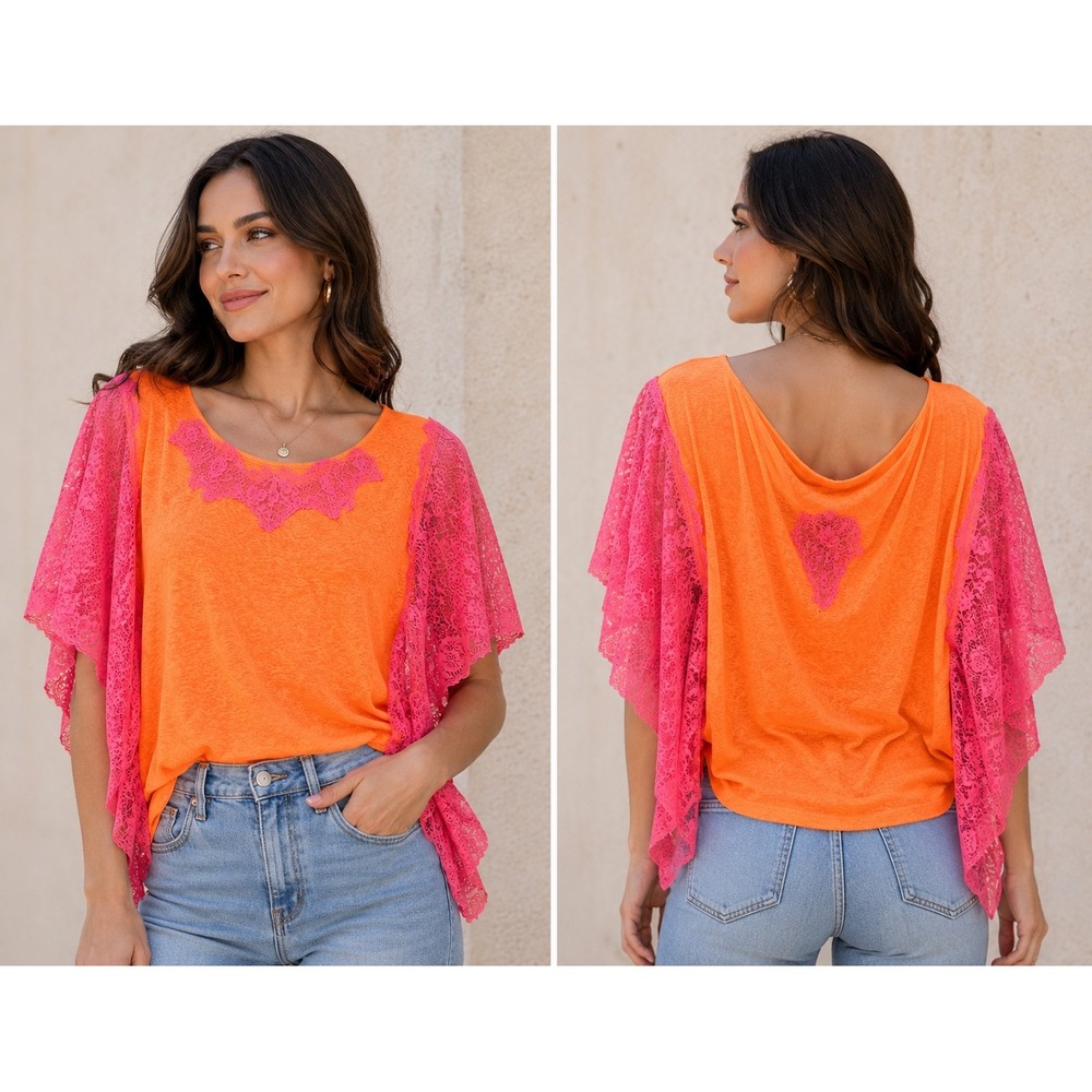 Vanita Rosa Atelier Paris Neon Orange Pink Lace Butterfly Sleeve Top France